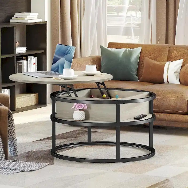 Table basse ronde Moasis Farmhouse avec plateau relevable, rangement dissimulé et étagère