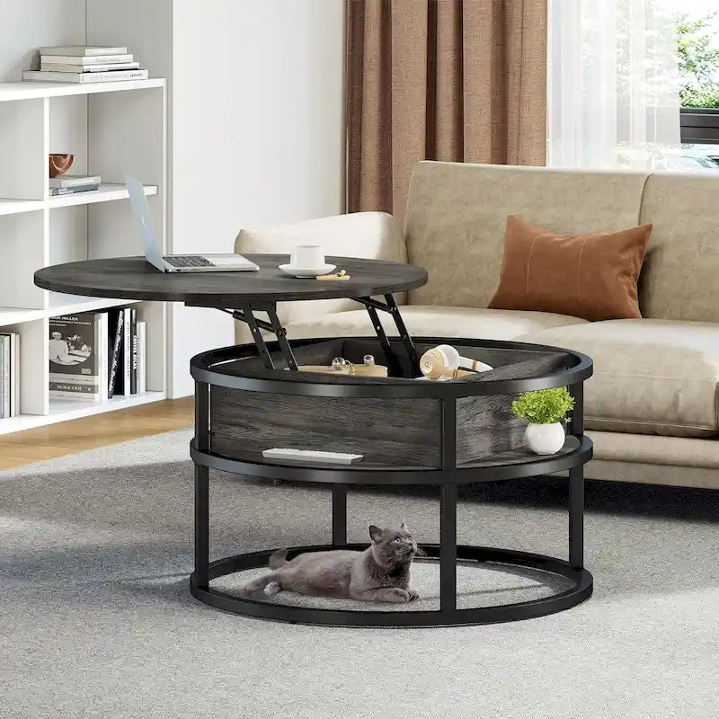 Table basse ronde Moasis Farmhouse avec plateau relevable, rangement dissimulé et étagère