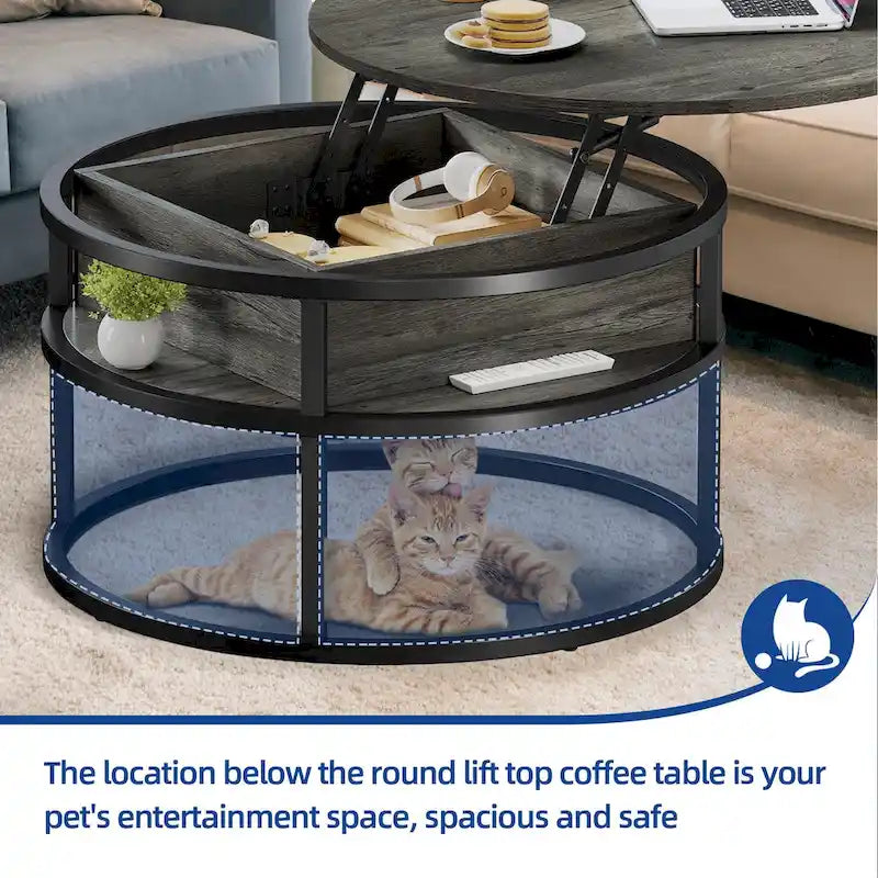 Table basse ronde Moasis Farmhouse avec plateau relevable, rangement dissimulé et étagère