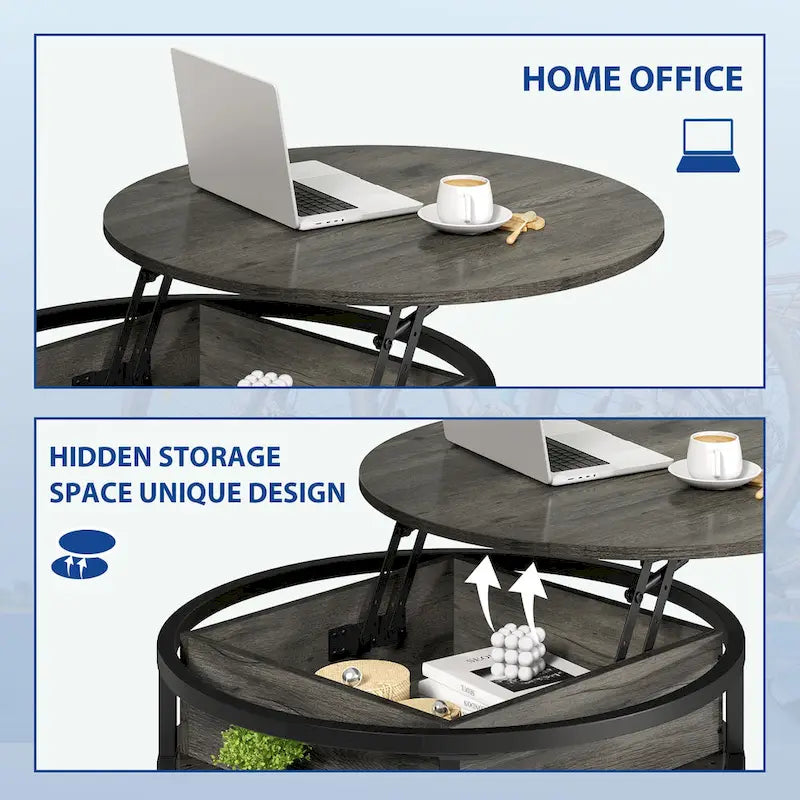 Table basse ronde Moasis Farmhouse avec plateau relevable, rangement dissimulé et étagère