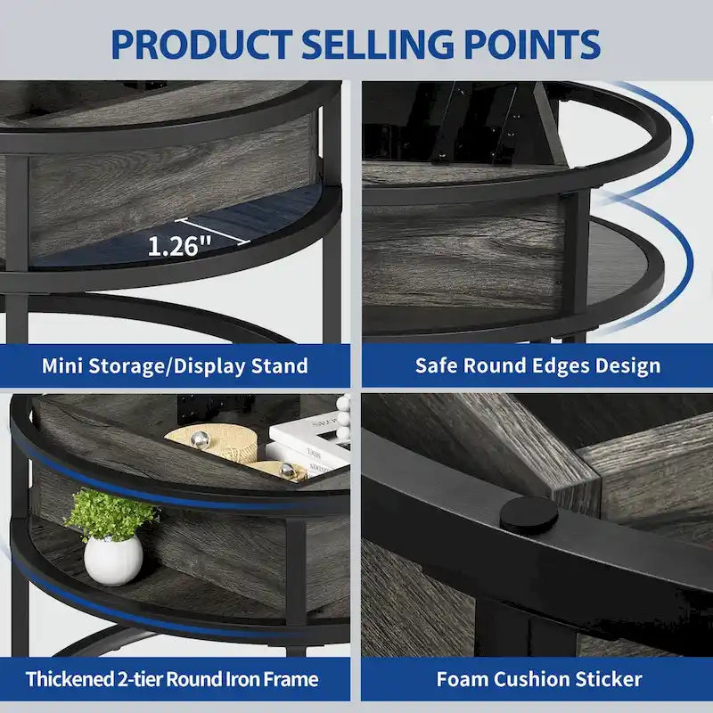 Table basse ronde Moasis Farmhouse avec plateau relevable, rangement dissimulé et étagère