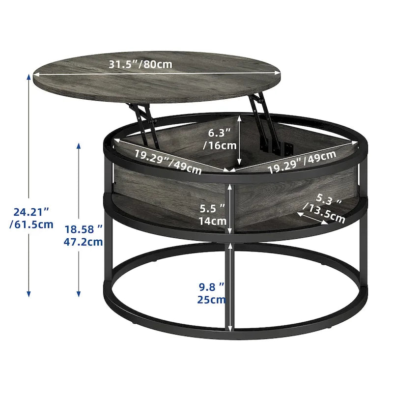 Table basse ronde Moasis Farmhouse avec plateau relevable, rangement dissimulé et étagère