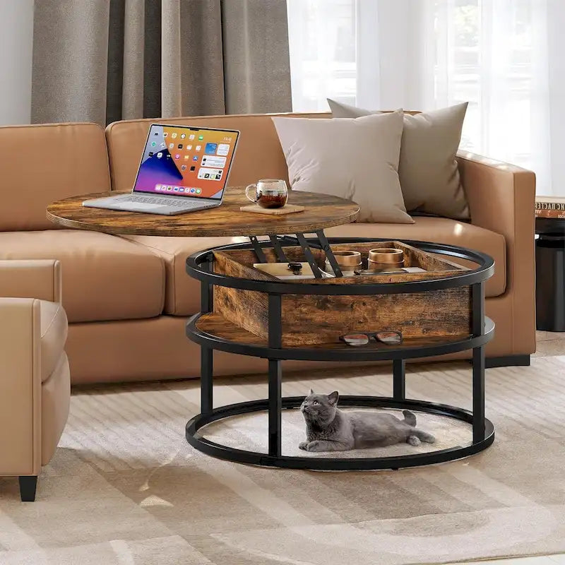 Table basse ronde Moasis Farmhouse avec plateau relevable, rangement dissimulé et étagère