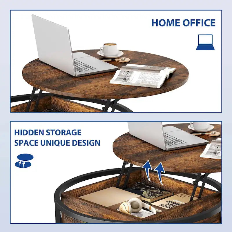 Table basse ronde Moasis Farmhouse avec plateau relevable, rangement dissimulé et étagère