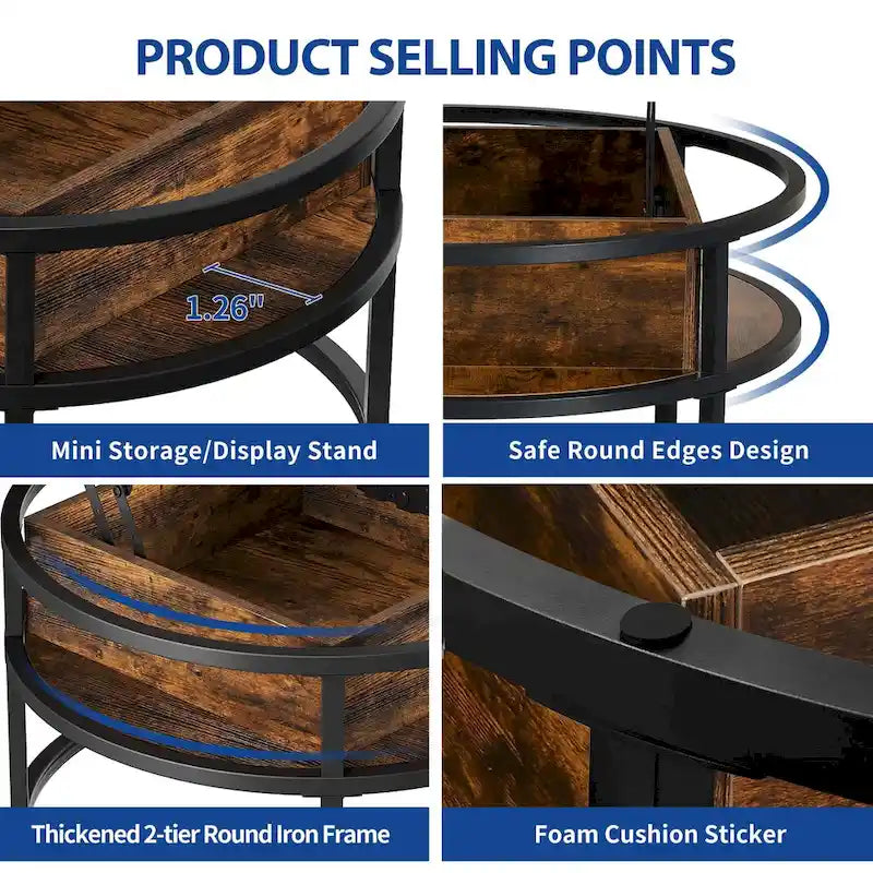 Table basse ronde Moasis Farmhouse avec plateau relevable, rangement dissimulé et étagère