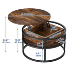 Table basse ronde Moasis Farmhouse avec plateau relevable, rangement dissimulé et étagère