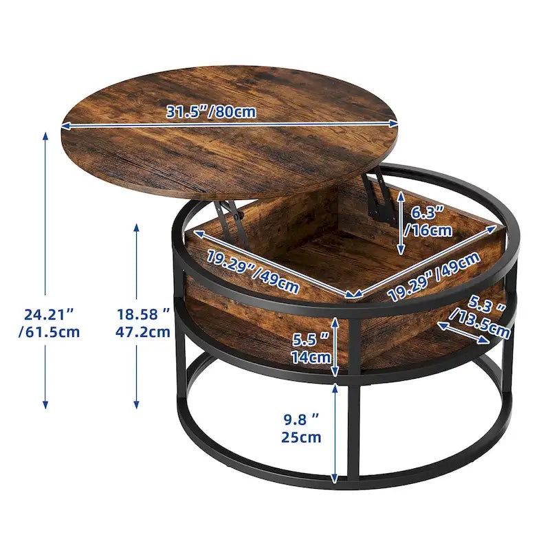 Table basse ronde Moasis Farmhouse avec plateau relevable, rangement dissimulé et étagère