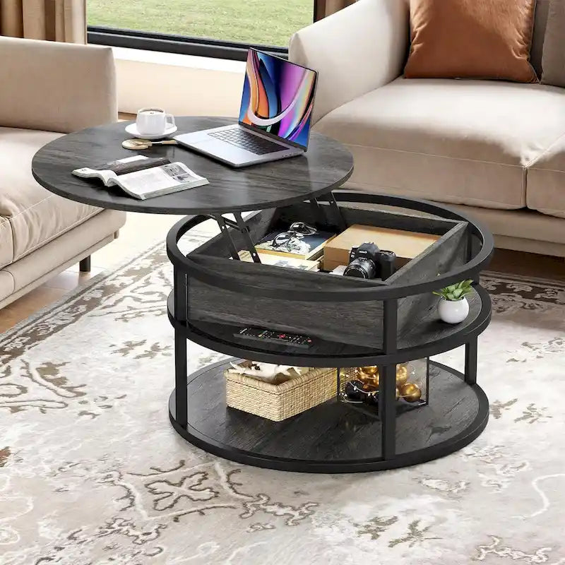 Table basse ronde Moasis Farmhouse avec plateau relevable, rangement dissimulé et étagère