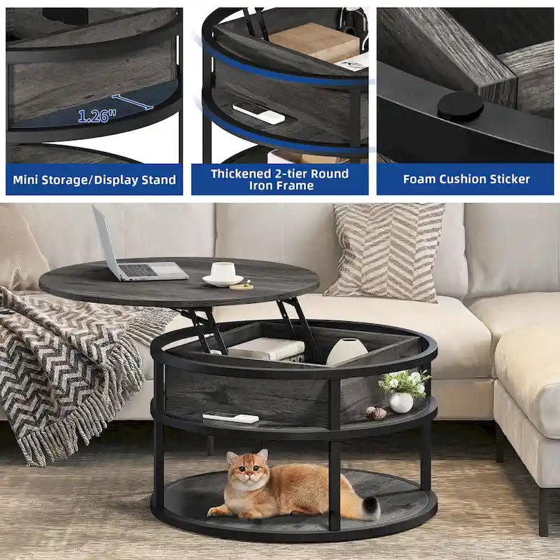 Table basse ronde Moasis Farmhouse avec plateau relevable, rangement dissimulé et étagère