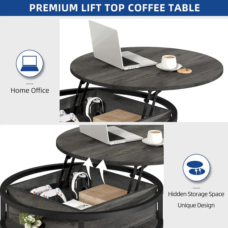 Table basse ronde Moasis Farmhouse avec plateau relevable, rangement dissimulé et étagère