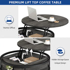 Table basse ronde Moasis Farmhouse avec plateau relevable, rangement dissimulé et étagère