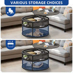 Table basse ronde Moasis Farmhouse avec plateau relevable, rangement dissimulé et étagère