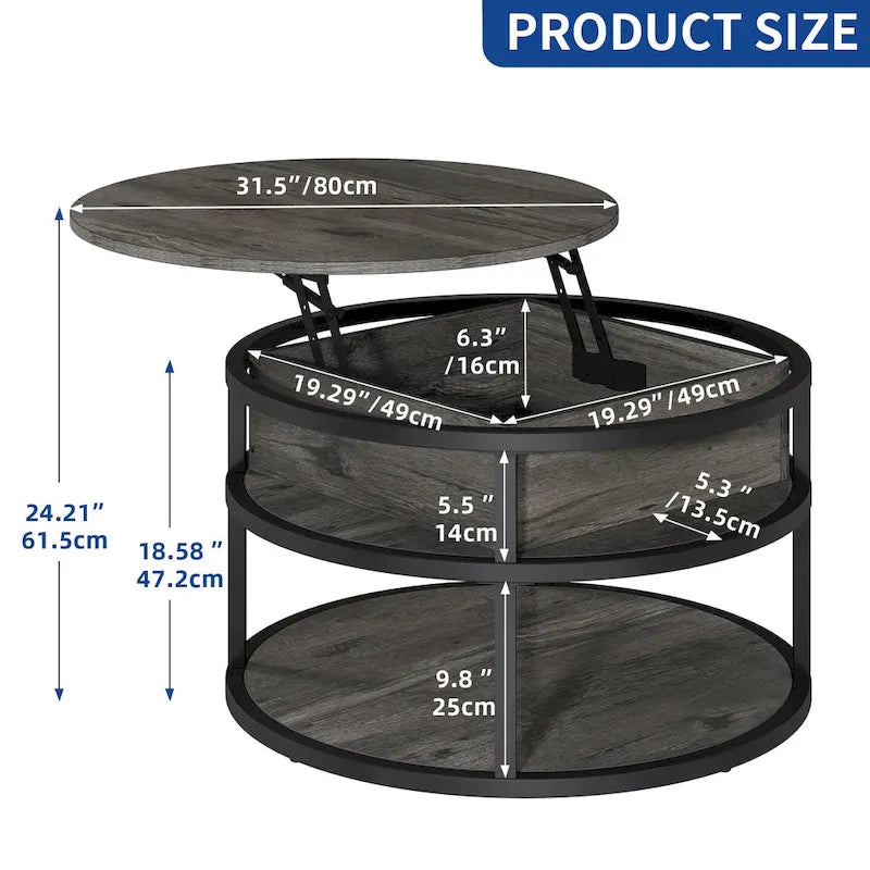 Table basse ronde Moasis Farmhouse avec plateau relevable, rangement dissimulé et étagère