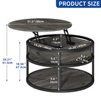 Table basse ronde Moasis Farmhouse avec plateau relevable, rangement dissimulé et étagère