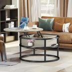 Table basse ronde Moasis Farmhouse avec plateau relevable, rangement dissimulé et étagère