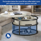 Table basse ronde Moasis Farmhouse avec plateau relevable, rangement dissimulé et étagère