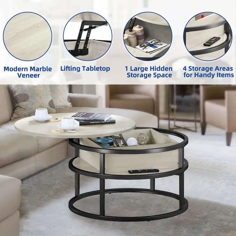 Table basse ronde Moasis Farmhouse avec plateau relevable, rangement dissimulé et étagère