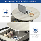 Table basse ronde Moasis Farmhouse avec plateau relevable, rangement dissimulé et étagère