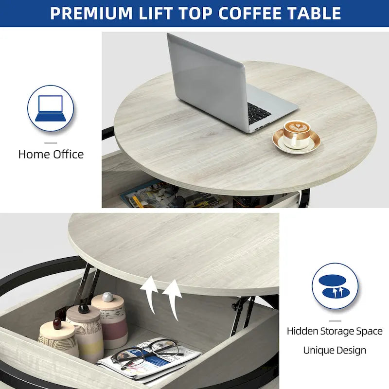 Table basse ronde Moasis Farmhouse avec plateau relevable, rangement dissimulé et étagère