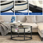 Table basse ronde Moasis Farmhouse avec plateau relevable, rangement dissimulé et étagère