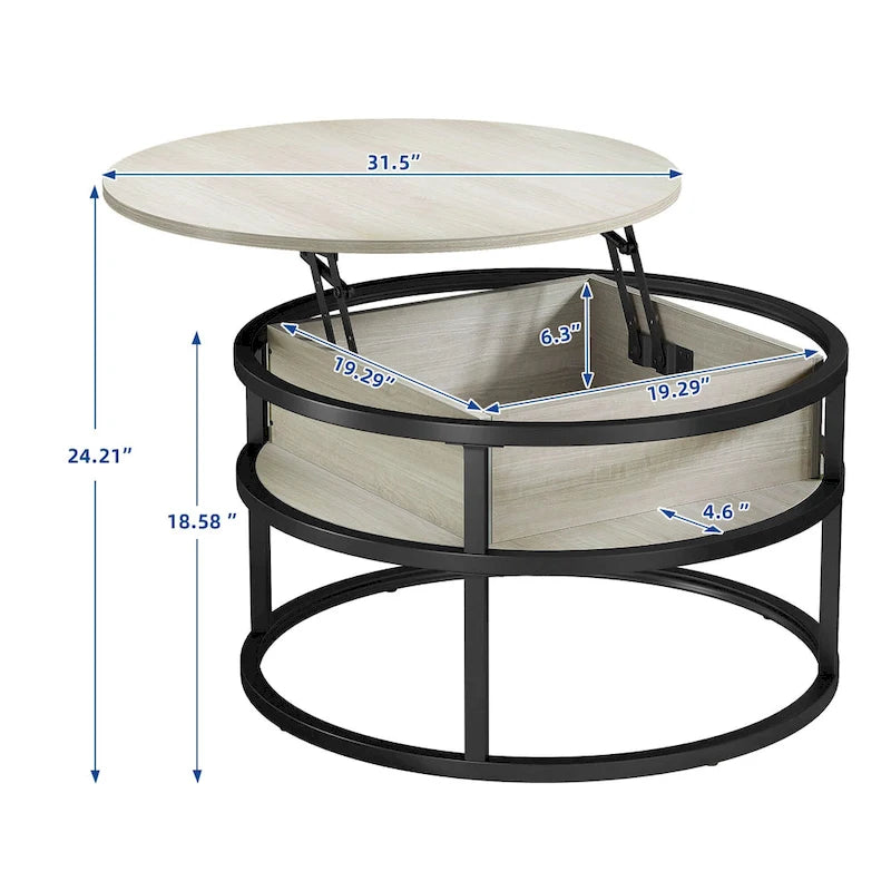 Table basse ronde Moasis Farmhouse avec plateau relevable, rangement dissimulé et étagère
