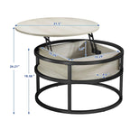 Table basse ronde Moasis Farmhouse avec plateau relevable, rangement dissimulé et étagère