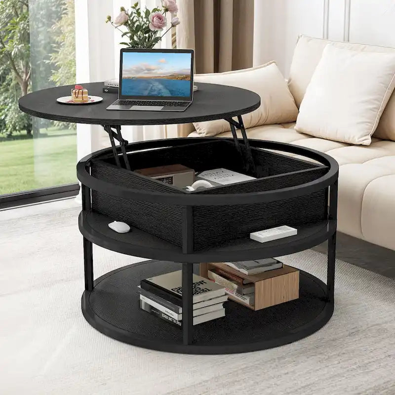 Table basse ronde Moasis Farmhouse avec plateau relevable, rangement dissimulé et étagère