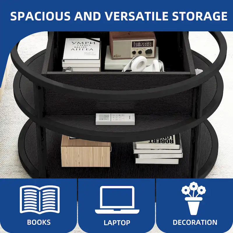 Table basse ronde Moasis Farmhouse avec plateau relevable, rangement dissimulé et étagère
