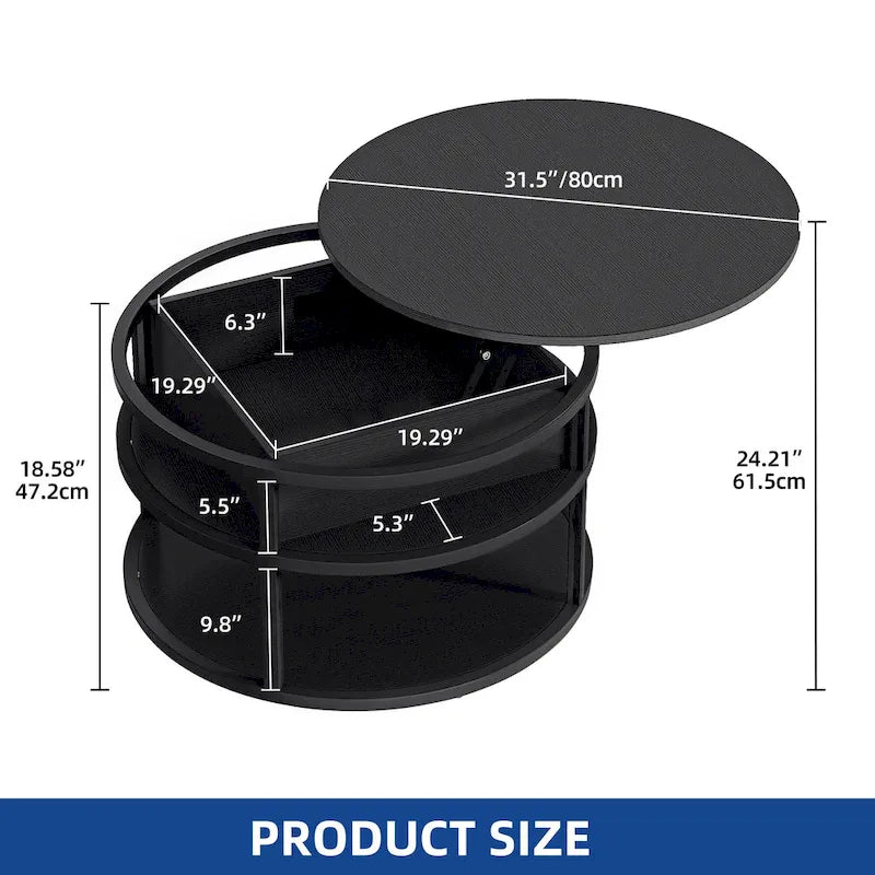 Table basse ronde Moasis Farmhouse avec plateau relevable, rangement dissimulé et étagère