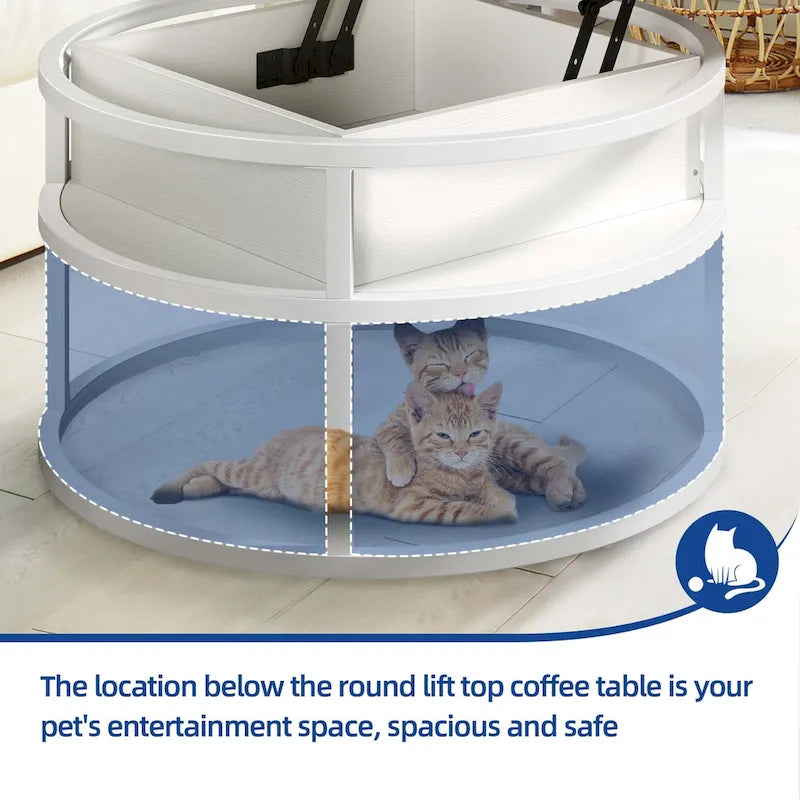 Table basse ronde Moasis Farmhouse avec plateau relevable, rangement dissimulé et étagère