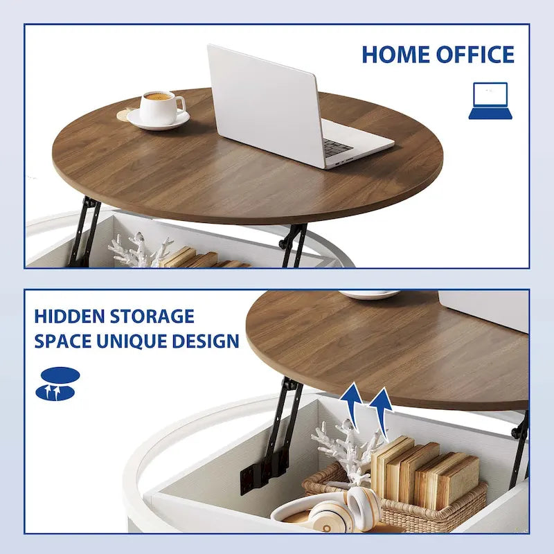 Table basse ronde Moasis Farmhouse avec plateau relevable, rangement dissimulé et étagère