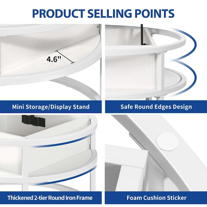 Table basse ronde Moasis Farmhouse avec plateau relevable, rangement dissimulé et étagère