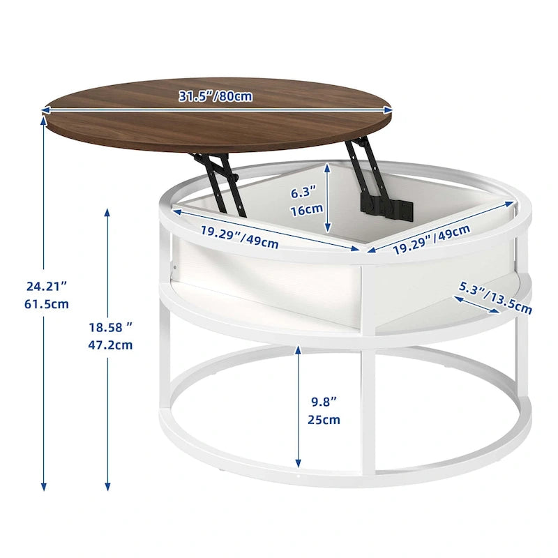 Table basse ronde Moasis Farmhouse avec plateau relevable, rangement dissimulé et étagère