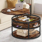 Table basse ronde Moasis Farmhouse avec plateau relevable, rangement dissimulé et étagère