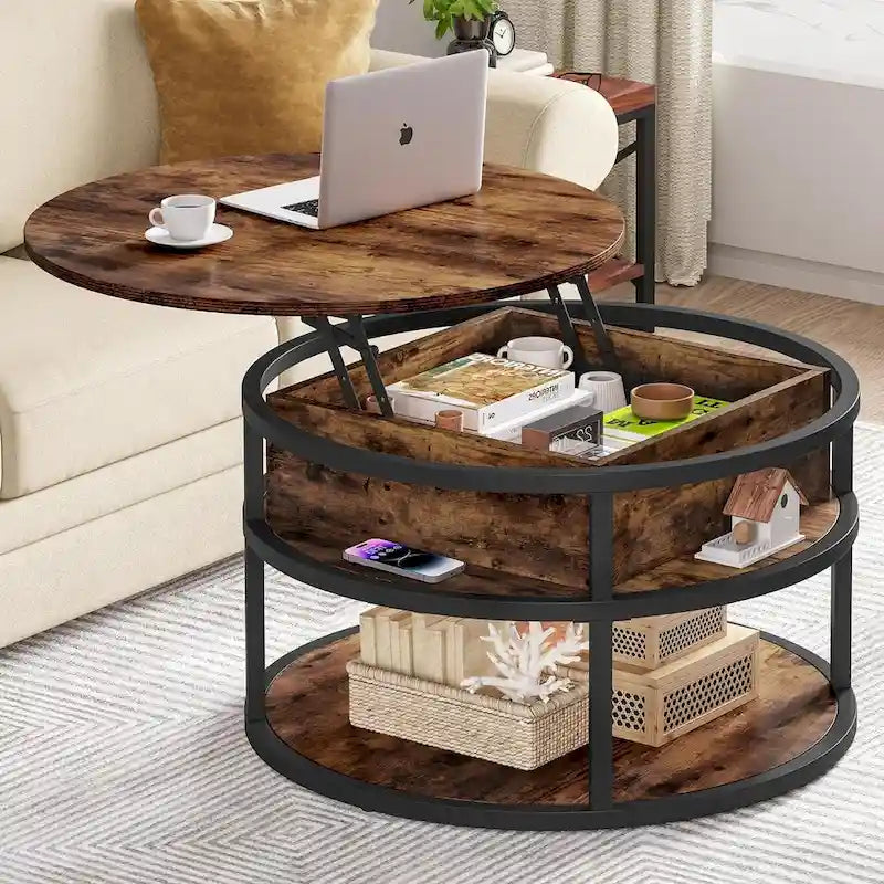 Table basse ronde Moasis Farmhouse avec plateau relevable, rangement dissimulé et étagère