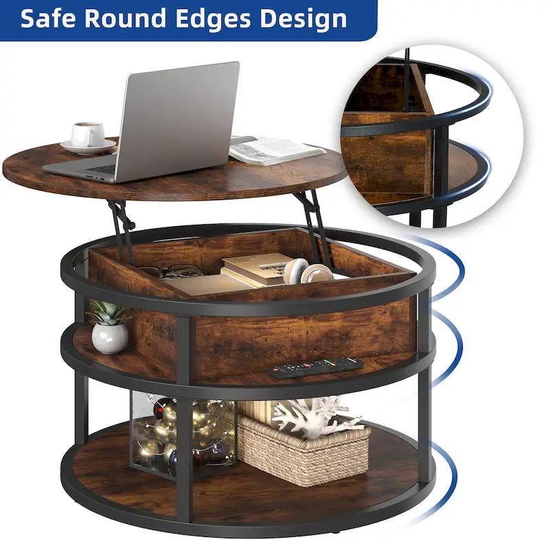 Table basse ronde Moasis Farmhouse avec plateau relevable, rangement dissimulé et étagère