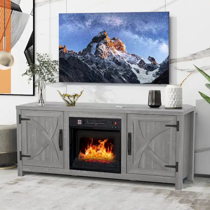 Meuble TV console style ferme avec cheminée électrique intégrée, pour téléviseurs jusqu'à 65 pouces.