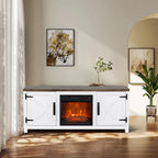 Meuble TV console style ferme avec cheminée électrique intégrée, pour téléviseurs jusqu'à 65 pouces.