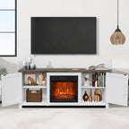 Meuble TV console style ferme avec cheminée électrique intégrée, pour téléviseurs jusqu'à 65 pouces.