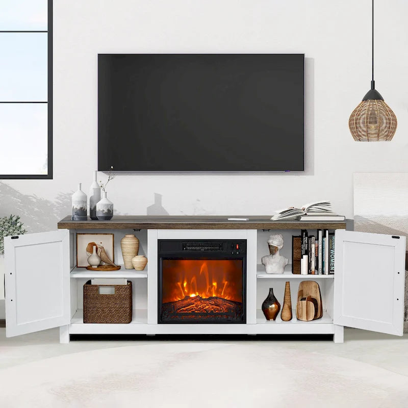 Meuble TV console style ferme avec cheminée électrique intégrée, pour téléviseurs jusqu'à 65 pouces.