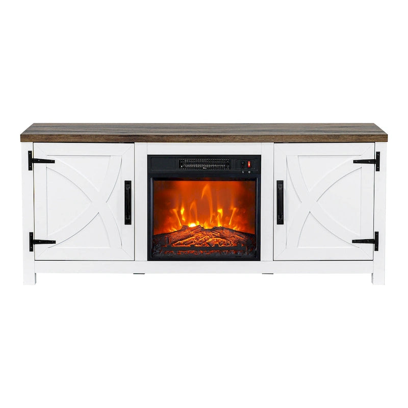 Meuble TV console style ferme avec cheminée électrique intégrée, pour téléviseurs jusqu'à 65 pouces.