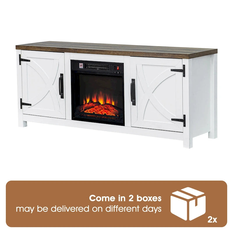 Meuble TV console style ferme avec cheminée électrique intégrée, pour téléviseurs jusqu'à 65 pouces.