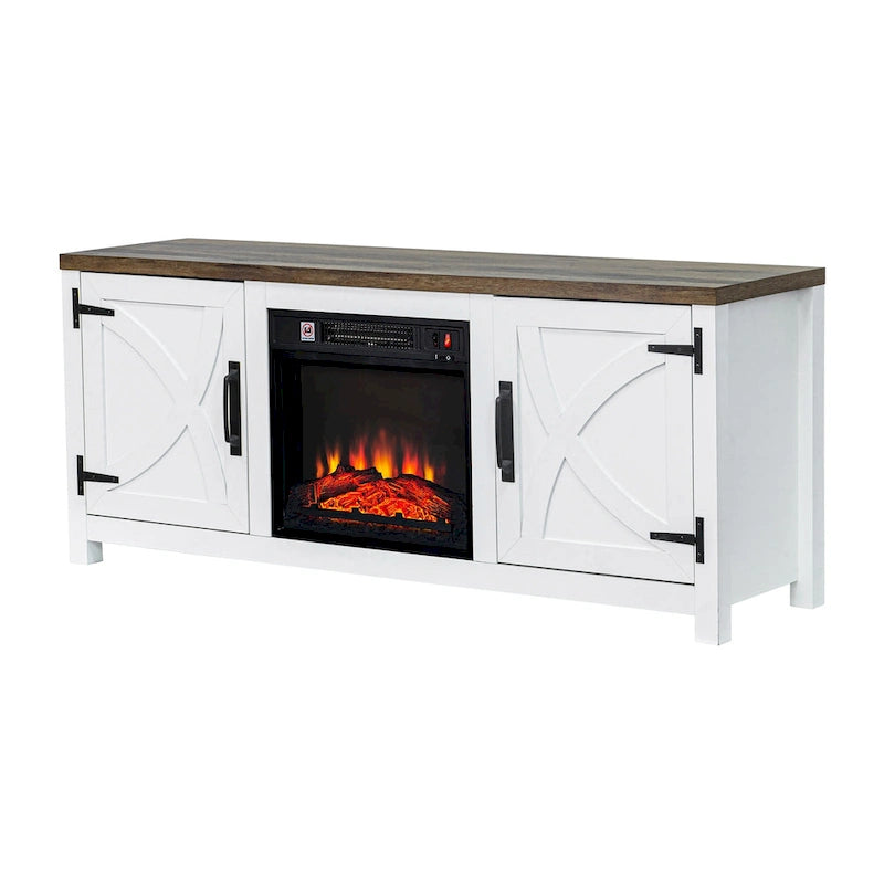 Meuble TV console style ferme avec cheminée électrique intégrée, pour téléviseurs jusqu'à 65 pouces.