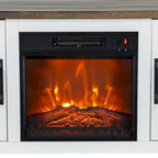 Meuble TV console style ferme avec cheminée électrique intégrée, pour téléviseurs jusqu'à 65 pouces.