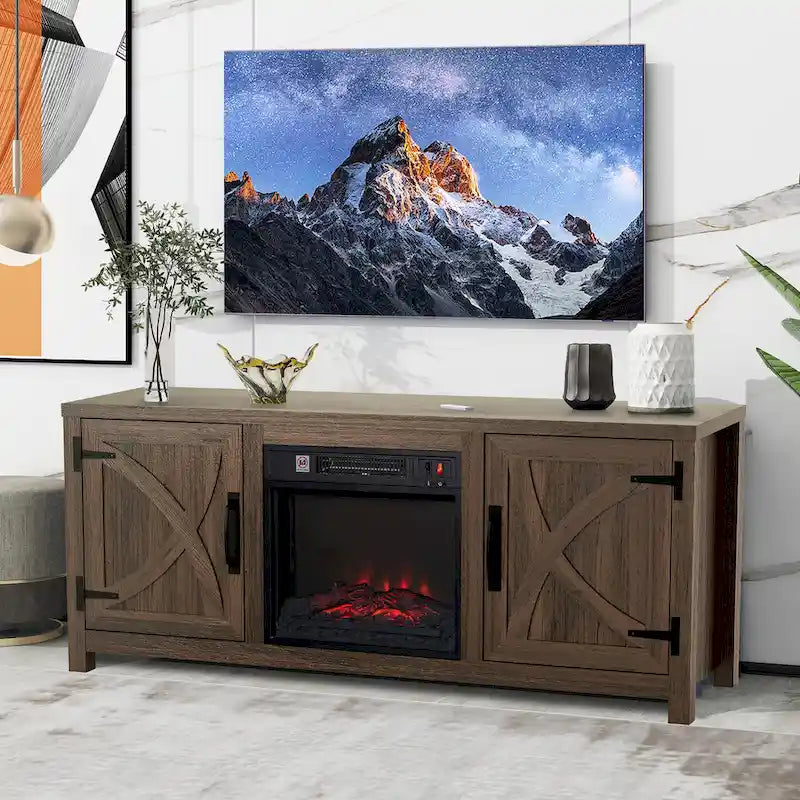 Meuble TV console style ferme avec cheminée électrique intégrée, pour téléviseurs jusqu'à 65 pouces.