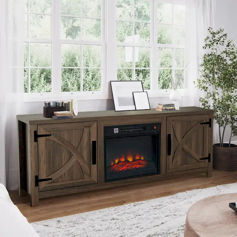 Meuble TV console style ferme avec cheminée électrique intégrée, pour téléviseurs jusqu'à 65 pouces.