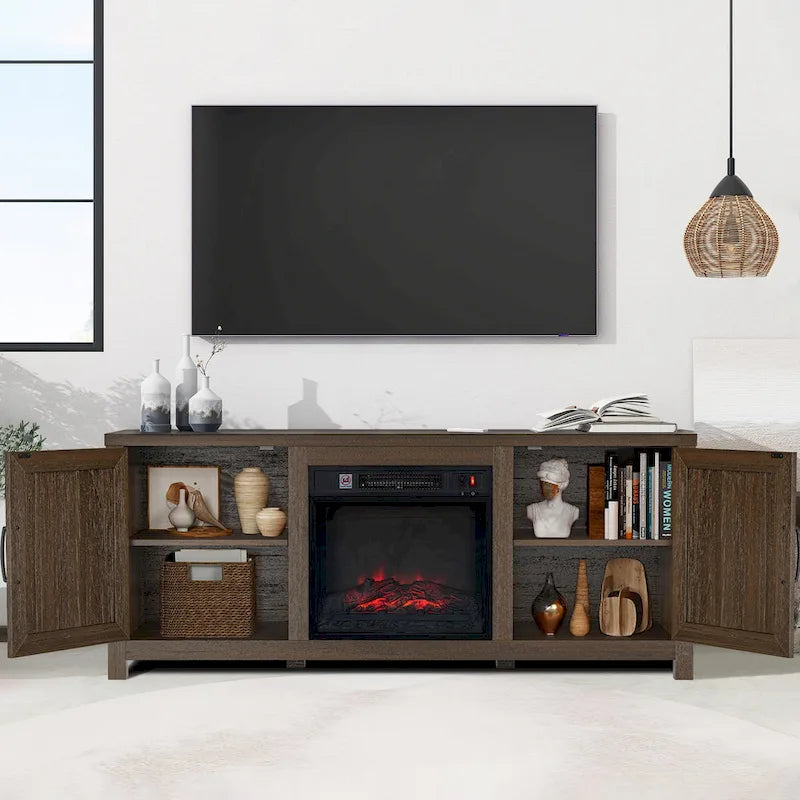 Meuble TV console style ferme avec cheminée électrique intégrée, pour téléviseurs jusqu'à 65 pouces.