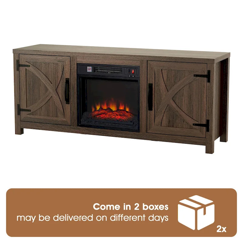 Meuble TV console style ferme avec cheminée électrique intégrée, pour téléviseurs jusqu'à 65 pouces.