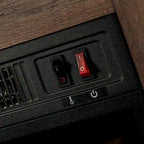 Meuble TV console style ferme avec cheminée électrique intégrée, pour téléviseurs jusqu'à 65 pouces.