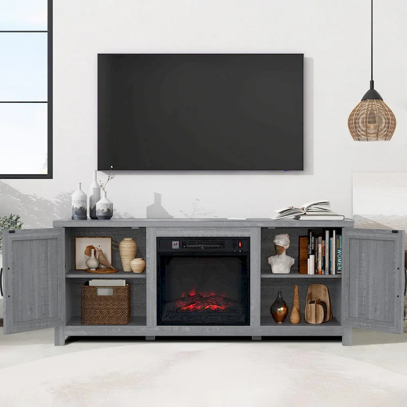 Meuble TV console style ferme avec cheminée électrique intégrée, pour téléviseurs jusqu'à 65 pouces.